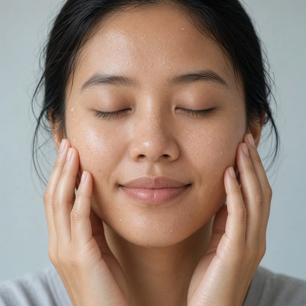 Perempuan memejamkan mata sambil menepuk pipinya dengan kedua tangan